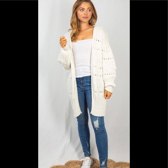 White Long Sleeve Solid Knit Cardigan With Eyelet Detail - Picture 4 of 9